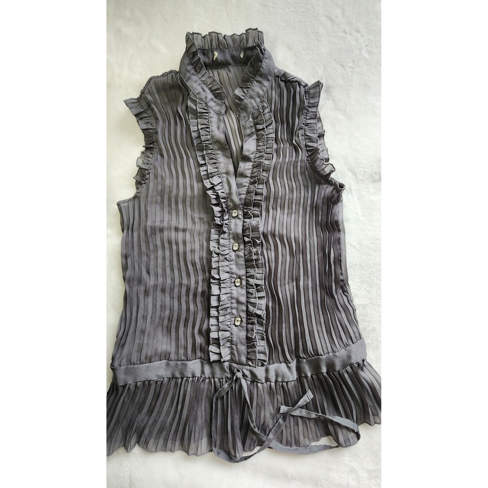 Y2K Charcoal Grey Pleated Ruffle Sleeveless Blouse Rhinestone Button Peplum Top